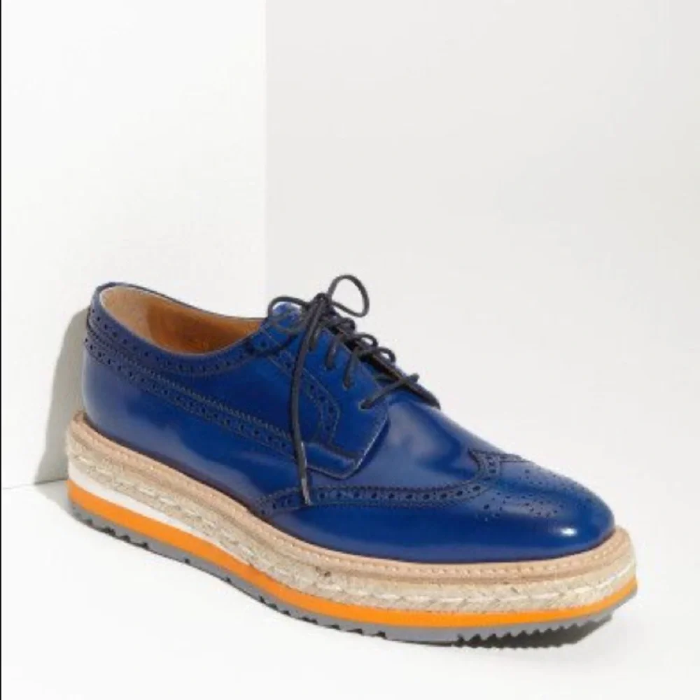 Prada Navy Blue Platform Leather Wingtip Brogue Oxford Women’s 38 Creeper Shoes
